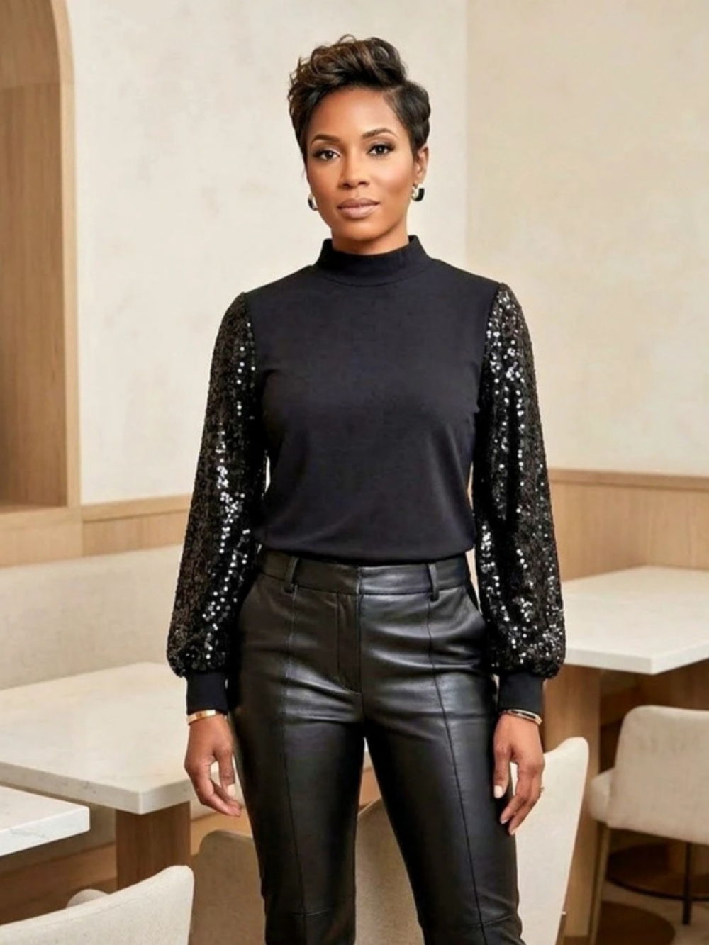 DG2 by DIANE GILMAN💃Body Contour,Pretty Sequin Bishop Sleeves&Mock Neck TopSz L